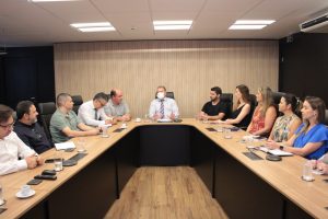 A imagem mostra uma sala de reunião com uma mesa reunindo homens e mulheres. O ambiente é composto por móveis e painel de parede em tons de madeira e preto. Ao centro do grupo está chefe de gabinete da Presidência, coronel Giovanne Gomes da Silva, um homem de cabelos grisalhos, que veste camisa social, gravata listrada e usa máscara