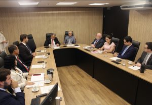 A foto mostra um grupo de dez pessoas, sendo oito homens e duas mulheres. Eles estão sentados em uma sala de reunião com uma ampla mesa de madeira.