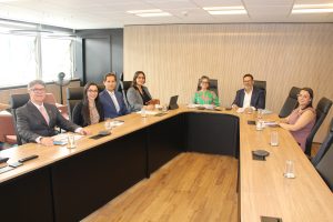 A imagem mostra três homens e quatro mulheres sentados em uma mesa de reunião de madeira com detalhes em preto, mesmas cores da parede da sala. Eles posam para a foto oficial da reunião