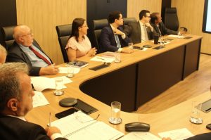 A foto mostra seis homens e uma mulher de camisa clara, que observam um telão. Todos estão em uma sala de reunião, composta por uma mesa de madeira