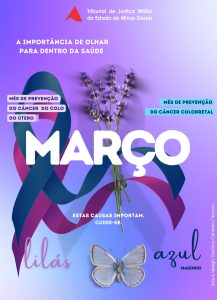 Imagem mostra o cartaz da campanha Março Lilás e Azul Marinho. O cartaz tem os tons da campanha, e mostra duas fitas alusivas, um ramo de flores e uma borboleta. Junto está o texto: “A importância de olhar para dentro da saúde. Mês de prevenção do câncer do colo do útero. Mês de prevenção do câncer colorretal. Estas causas importam. Cuide-se”.