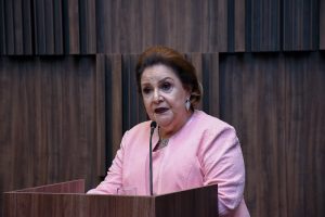 A foto mostra a desembargadora Mariângela Meyer Pires Faleiro falando ao microfone em um púlpito de madeira. Seu cabelo está preso na altura das orelhas e ela usa um conjunto de camisa e blazer rosa, colar e brinco. A parede ao fundo é de madeira 