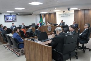 A imagem mostra a sala de audiências do Tribunal Pleno do TJMMG, com 15 desembargadores, juízas e juízes sentados, dispostos em três tribunas e cadeiras ao centro. Na parede ao fundo, lê-se a inscrição “Tribunal de Justiça Militar de Minas Gerais”.