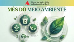 A imagem mostra o cartaz de divulgação do Mês do Meio Ambiente no TJMMG. No topo, há uma faixa horizontal em tons de degradê do azul-claro para o amarelo, exibindo no centro o logotipo do TJMMG. Logo abaixo, centralizado e em destaque com letras maiúsculas verdes, está o título principal "mês do meio ambiente". O fundo da imagem é em tons claros de verde e branco, decorado com texturas de folhagens como marca d’água. No centro da imagem há um conjunto de quatro esferas translúcidas interligadas: a esfera superior exibe uma lixeira com o símbolo de reciclagem; a da esquerda mostra uma pequena planta brotando da terra; a da direita contém duas folhas; e a de baixo tem uma quarta esfera contendo a inscrição "CO2". Ao lado das esferas ainda há as legendas “Menos CO2" e "Preservação de Áreas Verdes". Do lado direito da imagem há uma grande esfera com uma folha verde cercada por folhas menores.