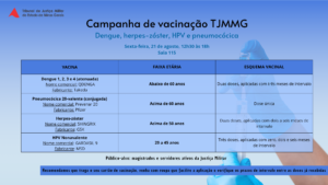 A imagem mostra o cartaz da campanha de vacinação. Nele está escrito: Tribunal de Justiça Militar do Estado de Minas Gerais. Campanha de vacinação TJMMG. Dengue, herpes-zóster, HPV e pneumocócica. Sexta-feira. 21 de agosto. Doze e trinta às dezoito horas. Sala cento e quinze. Vacina. Faixa etária. Esquema vacinal. Dengue 1, 2, 3 e 4 (atenuada). Nome comercial: QDENGA. Fabricante: Takeda. Abaixo de 60 anos. duas doses, aplicadas com três meses de intervalo. Pneumocócica 20-valente (conjugada). Nome comercial: Prevenar 20. Fabricante: Pfizer. Acima de 60 anos. Dose única. Herpes-zóster. Nome comercial: SHINGRIX. Fabricante: GSK. Acima de 50 anos. duas doses, aplicadas com dois a seis meses de intervalo. HPV Nonavalente. Nome comercial: GARDASIL 9. Fabricante: MSD. 20 a 45 anos três doses, aplicadas com zero, dois e seis meses de intervalo. Público alvo: magistrados e servidores ativos da Justiça Militar. Recomendamos que traga o seu cartão de vacinação, venha com roupa que facilite a aplicação e verifique os prazos de intervalo entre as doses já recebidas. A imagem, com tons na cor azul, mostra um quadro com as informações das vacinas e, ao fundo, uma mão segurando uma seringa de vacinação.