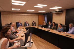 A imagem mostra 11 pessoas, entre homens e mulheres, na sala Diamante do TJMMG. O grupo está disposto em uma mesa de reunião em tons de madeira e preto, mesmas cores do painel ao fundo. Ao centro, está o desembargador Osmar Duarte Marcelino, de terno cinza, camisa branca e gravata azul. À direita do presidente está a coronel Jordana de Oliveira Filgueiras Daldegan, vestindo o uniforme militar do Corpo de Bombeiros Militar.