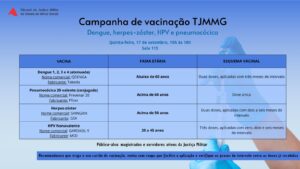A imagem mostra o cartaz da campanha de vacinação. Nele está escrito: Tribunal de Justiça Militar do Estado de Minas Gerais. Campanha de vacinação TJMMG. Dengue, herpes-zóster, HPV e pneumocócica. Quinta-feira. 17 de setembro. Das dez às dezoito horas. Sala cento e quinze. Vacina Dengue 1, 2, 3 e 4 (atenuada). Nome comercial: QDENGA. Fabricante: Takeda. Faixa etária Abaixo de 60 anos. Esquema vacinal de duas doses, aplicadas com três meses de intervalo. Vacina Pneumocócica 20-valente (conjugada). Nome comercial: Prevenar 20. Fabricante: Pfizer. Faixa etária Acima de 60 anos. Dose única. Vacina Herpes-zóster. Nome comercial: SHINGRIX. Fabricante: GSK. Faixa etária Acima de 50 anos. Esquema vacinal de duas doses, aplicadas com dois a seis meses de intervalo. Vacina HPV Nonavalente. Nome comercial: GARDASIL 9. Fabricante: MSD. Faixa etária 20 a 45 anos. Esquema vacinal de três doses, aplicadas com zero, dois e seis meses de intervalo. Público alvo: magistrados e servidores ativos da Justiça Militar. Recomendamos que traga o seu cartão de vacinação, venha com roupa que facilite a aplicação e verifique os prazos de intervalo entre as doses já recebidas. A imagem, com tons na cor azul, mostra um quadro com as informações das vacinas e, ao fundo, uma mão segurando uma seringa de vacinação.